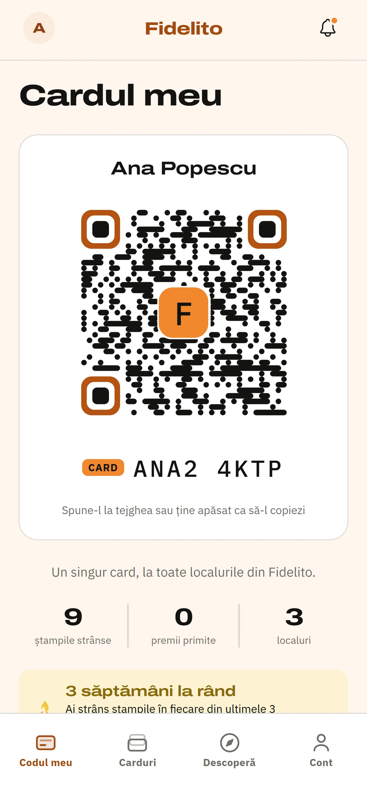 Cardul de fidelitate, în aplicația clientului